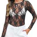 PT Haahoos Women's Long Sleeve Mesh Tops Sexy Crewneck Sheer Lace Shirts Party Club Night See Through Blouses S