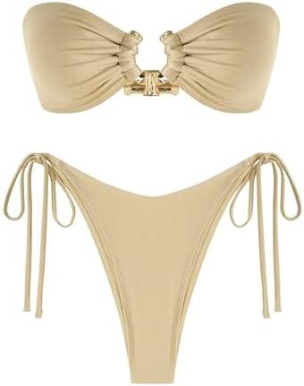 ZAFUL Metal Ring Bandeau Bikini Set Tie Side Bathing Suit High Cut 2 Piece Swimsuit Cutout Swimwear, S