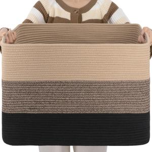 OIAHOMY 108L Large Cotton Rope Basket, Rectangle Woven Baskets for Storage, Nursery Blanket Storage Living Room, Toy Basket With Handle-25x16x16-Yellow Black