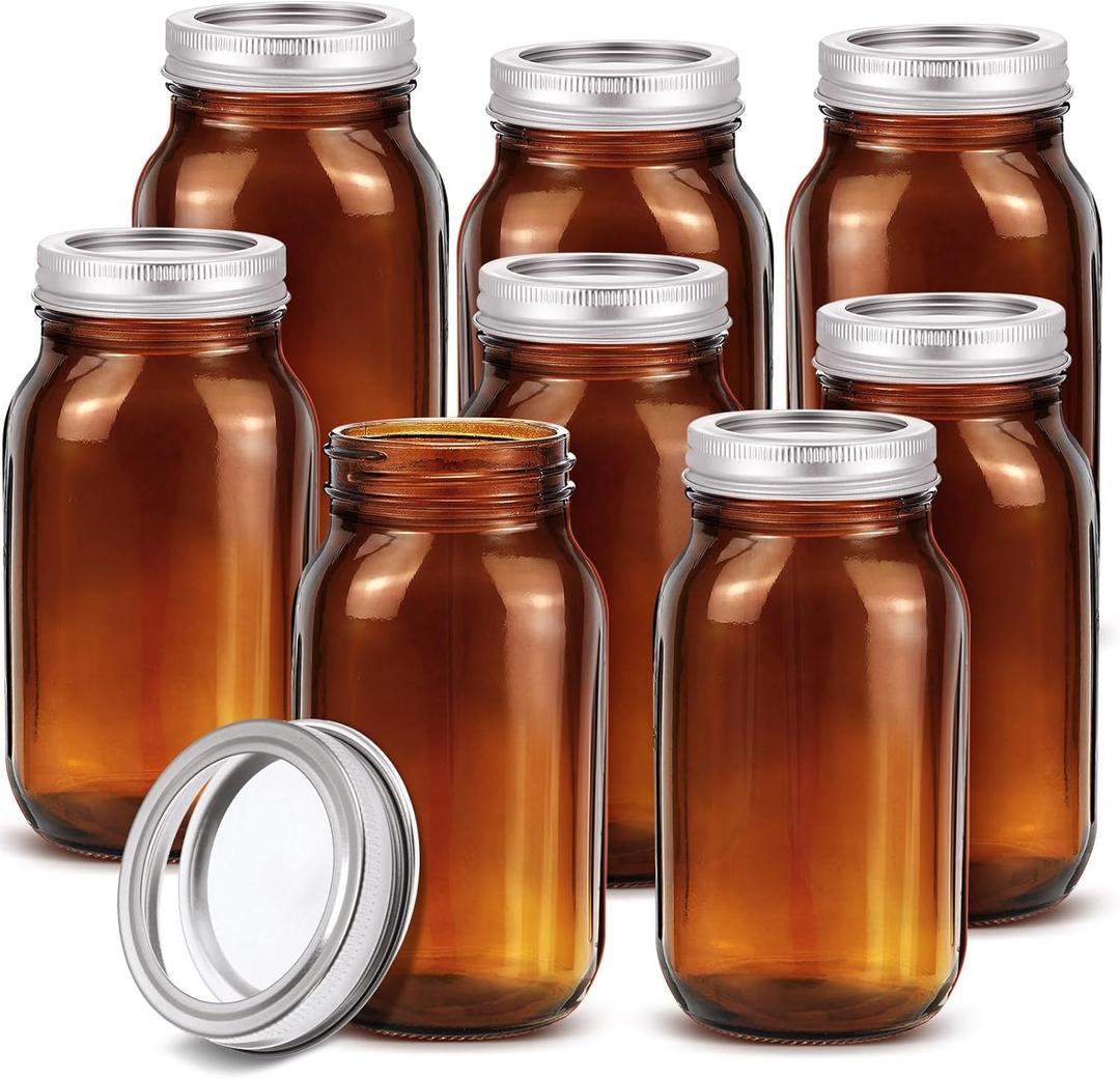 Norme 8 Pcs Amber Glass Mason Jars 24 oz Standard Mouth Mason Jars with Airtight Lids Mason Jar Bottles Colored Canning Supplies Jars for Fermenting Freezing Beverages Preserving Jar
