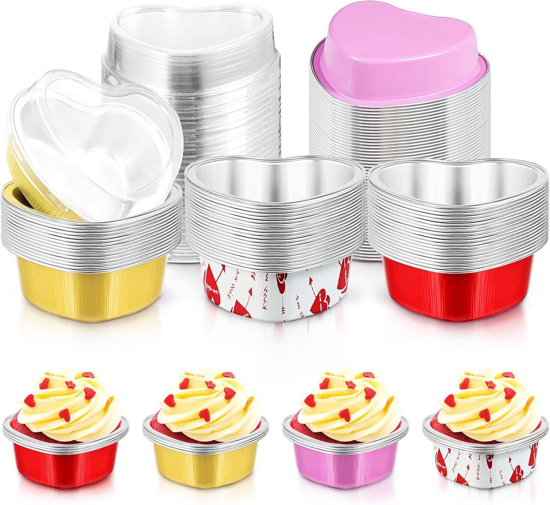 Cunhill 60 Sets Heart Shaped Cake Pans with Lids, 3.4 Ounces/ 100 ml, Aluminum Foil Mini Disposable Heart Cupcake Pans for Valentine's Day Wedding Parties Gift (Gold, Red, Pink, White)