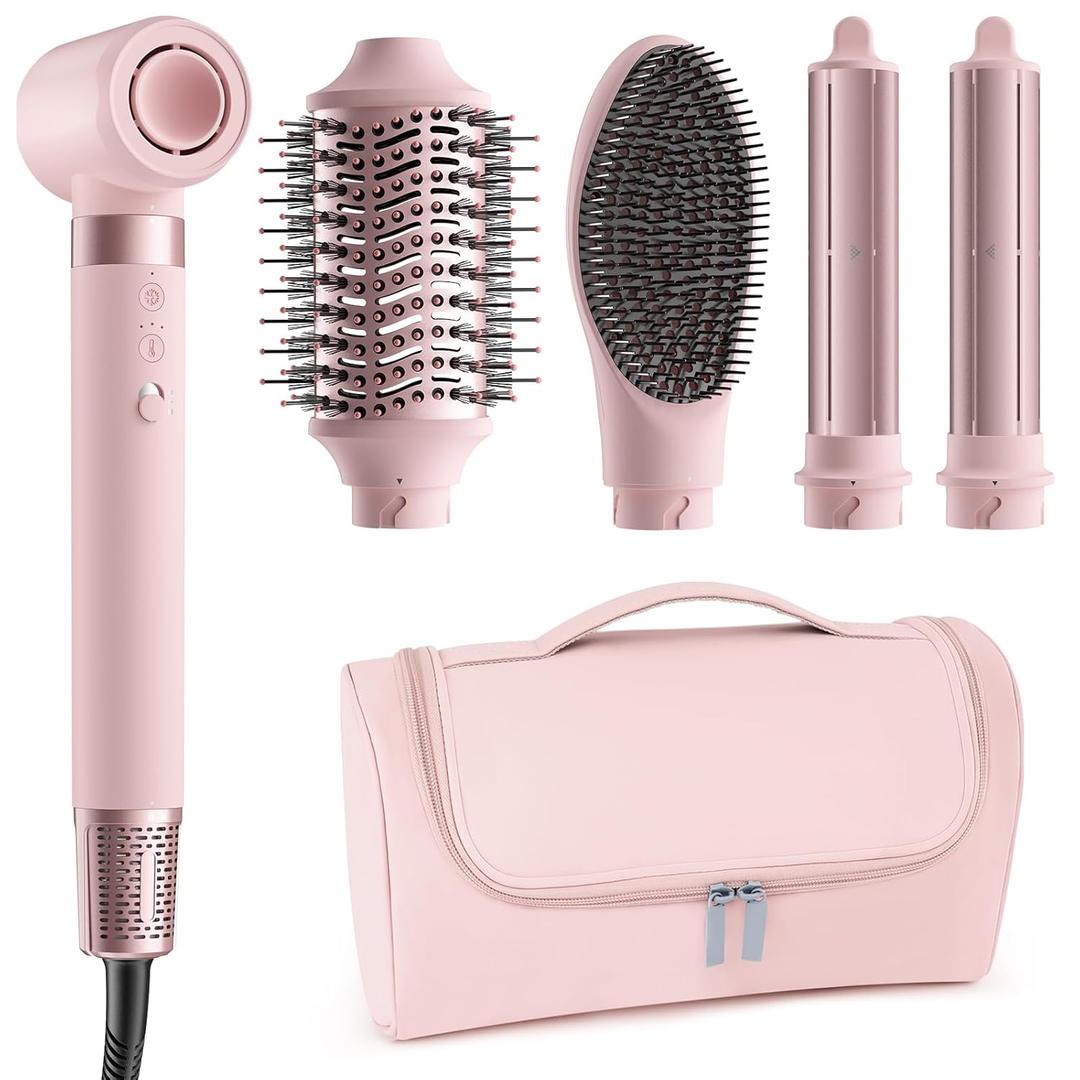 5 in 1 Hot Air Styler Wrap  High-Speed Hair Dryer Brush with Auto Wrap Curlers, Fast Drying & Frizz-Free Styling, No Heat Damage, Volumizing Brush with Travel Bag Gift for Women (Pink)