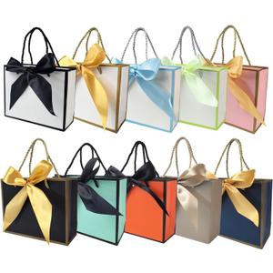 TKSBAG 10 Pack Gift Bags with Handles & Ribbon, Assorted Colors Party Favor Bags Bulk for kids Birthday, Baby Shower, Bridal Shower, Back to School-Small