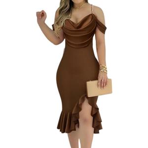 CHICME Womens Sexy Bodycon Party Dress Off The Shoulder Pearls Strap Midi Dress Ruffle Hem Cocktail Dresses-co-L