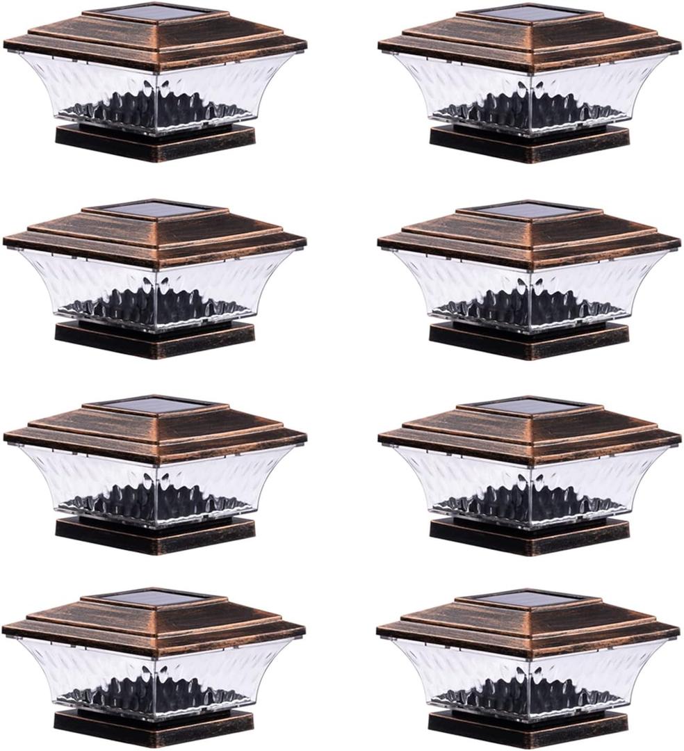 HUYIENO Solar Post Cap Lights Outdoor LED Lighting Deck Fence Cap Light Two Light Modes Warm White/Bright White Suitable for 4x4 Wooden Posts (Brushed Copper, 8pk)