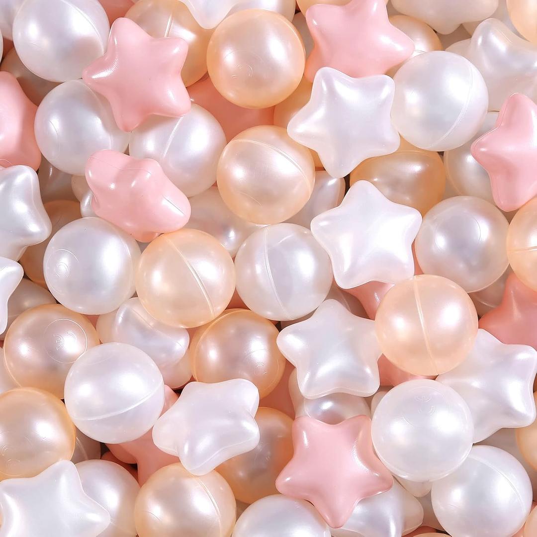 Plastic Ball Pit Balls Stars, Star & Ball for Babies Kids Playpen Pool Puppy Playballs, 100pcs, Small and Bigger Size (Pink Gold White)