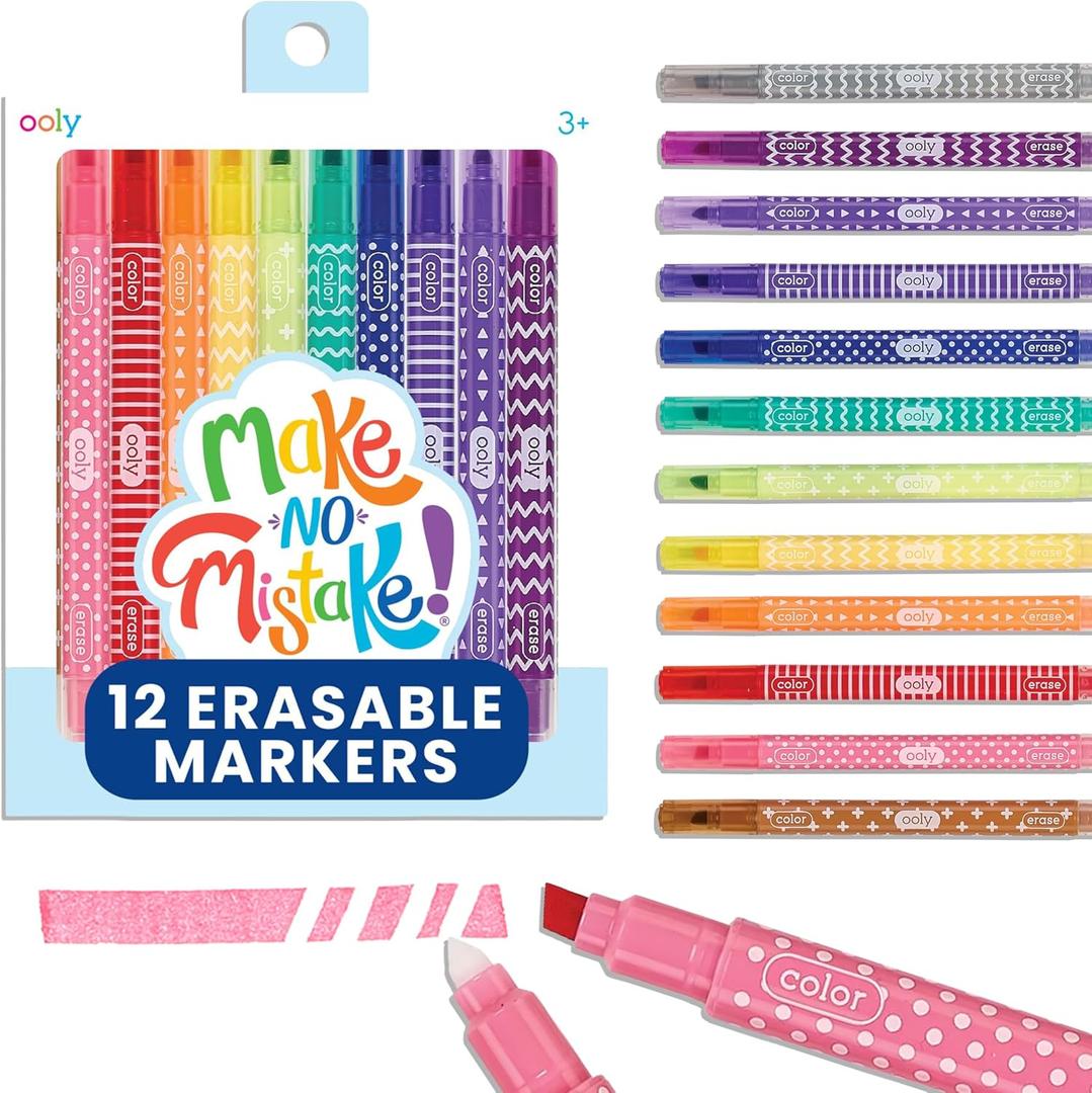 Ooly Make No Mistake Erasable Markers, 12 Stress and Mess Free Marker Pack You Can Erase, Drawing & Coloring Pens for Kids and Adults, Colorful Supplies for Any Arts & Crafts
