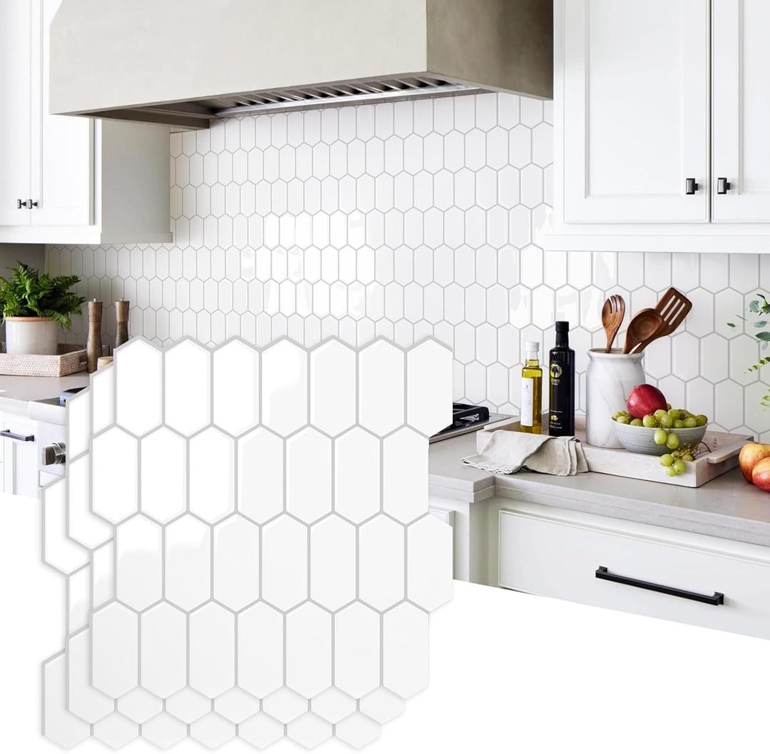 Vamos Tile Upgraded Thicker Design Peel and Stick Backsplash Tile, 10-Sheet Pure White with Gray Grout Long Hexagon Self Adhesive Wall Tiles Stick On Backsplash for Kitchen Bathroom RV Fireplace