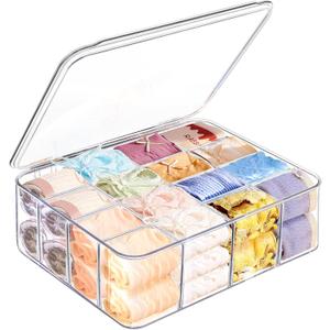 Sock Underwear Organizer, 16 Compartment Adjustable Dividers Bras Socks Underwear Drawer Organizers for Closet, Clear Plastic Storage Containers Box with Lids for Ties Bra Scarf Socks