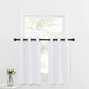 NICETOWN Pure White Valances for Basement - Home Fashion Grommet Top Design Kitchen Curtain Tiers for Half Small Window/Camper RV/Thanksgiving (2-Pack, W29 x L36 1.2 inches Header Each Panel)