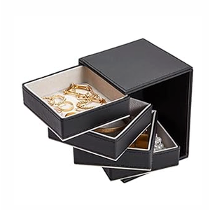 Juvale 4-Layer Rotating Jewelry Organizer - Velvet-Lined Ring Box & Necklace Holder - Earring Organizer & Bracelet Holder - Portable Travel Jewelry Box - Black, 4 x 4 x 5.25 in