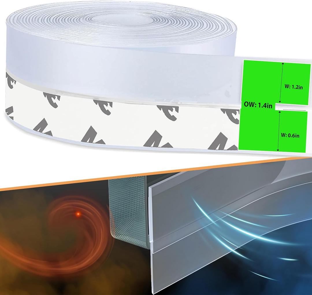 Weather Stripping Door Seal  33ft Flexible Silicone, Strong Adhesive, Seals Medium Gaps for Winter Cold Draft Protection and Energy Efficiency (1.4 in-33ft, Transparent)