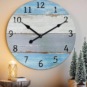 Large Wall Clock for Living Room Decor24 Inch Blue Round Wood Clock for Bedroom,Coastal Vintage Rustic Clock for Farmhouse Kitchen