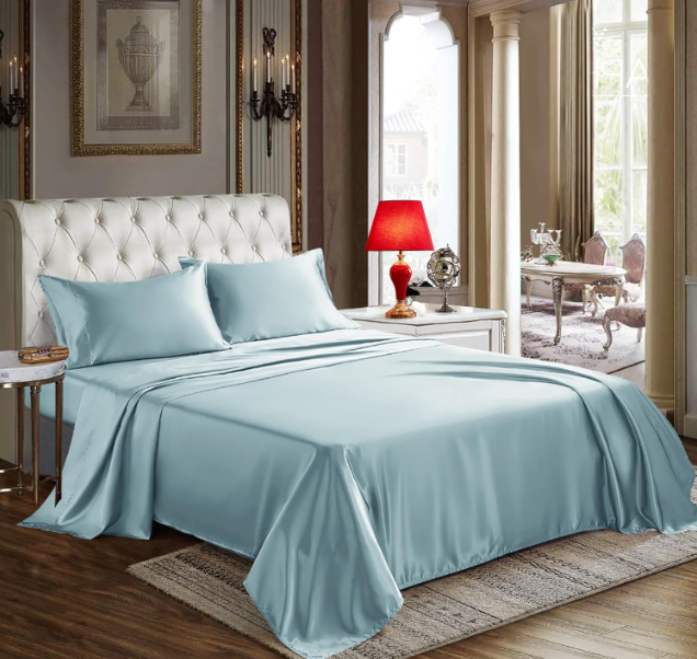 CozyLux Satin Sheets Queen Size - 4 Piece Aqua Bed Sheet Set with Silky Microfiber, 1 Deep Pocket Fitted Sheet, 1 Flat Sheet, and 2 Pillowcases - Smooth and Soft, Light blue
