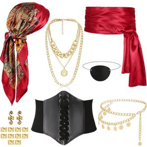 Vermeyen 8 Pcs Pirate Costume Accessories for Women with Head Scarf Wrap Pirate Corset Eye Patch Necklace Sash Chain Belt (Red)