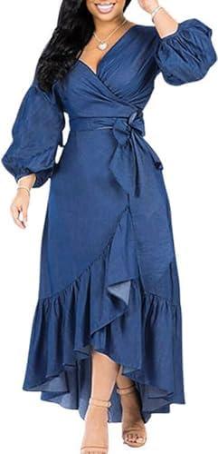 utcoco Womens Casual Belted Long Sleeve Denim Dress Wrapped V-Neck Ruffle Hem Maxi Denim Dresses for Women 2025 Size L