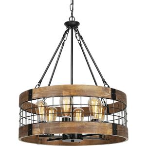 6-Light Farmhouse Chandelier for Entryway, Rustic Dining Room Light Fixtures, Industrial Drum Hanging Lighting for Kitchen Island Foyer, Black Wood and Black Metal Finish
