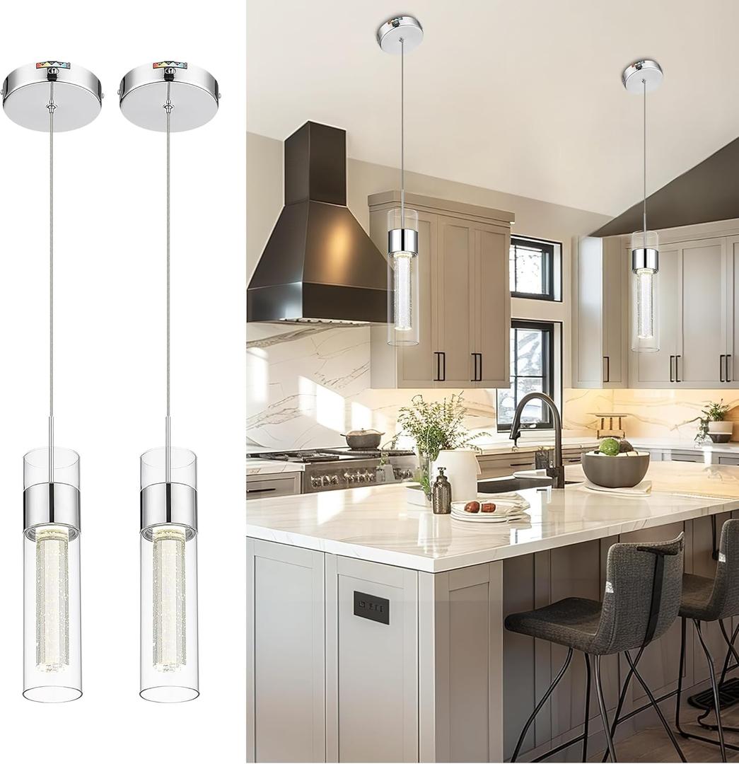 kudos Chrome Pendant Light Fixtures, 2-Pack, Modern LED Pendant Lights with Clear Glass and Bubble Crystal, Adjustable Pendant Lights for Kitchen Island, KDPL09-CH-2PK (2 Light)