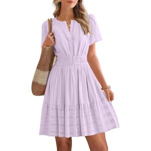 BTFBM Womens Spring 2026 Casual Mini Dresses Lightweight Short Sleeve V Neck Elastic Waist Cute Boho Beach Dress Pockets (S, Light Pink Purple)