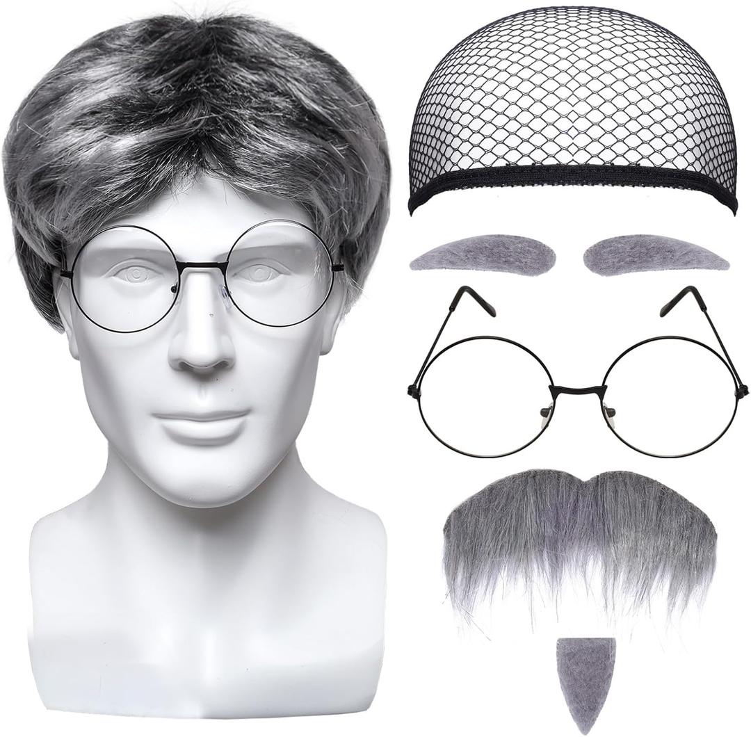 4-Piece Old Man Costume Set: Wig, Wig Cap, Glasses, Fake Beard & Eyebrows - Adult Unisex Cosplay Accessories - Masquerade, Birthday, Wedding, Halloween & More