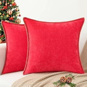 decorUhome Christmas Chenille Soft Throw Pillow Covers 18x18 Set of 2, Farmhouse Velvet Pillow Covers, Decorative Square Pillow Covers with Stitched Edge for Couch Sofa Bed, Red