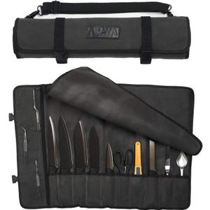 Asaya Canvas Chef Knife Roll Bag - 10 Knife Slots and a Large Zipper Pocket - Durable 10oz Canvas Knife Case with an Adjustable Shoulder Strap - Knives not Included (Grey)