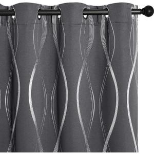 NICETOWN Grey Blackout Floral Pattern Curtains for Living Room 84 inch Long 2 Panels Set, Noise Reducing Thermal Insulated Wave Line Foil Print Bedroom Drapes for Patio Sliding Glass Door (52 x 84)