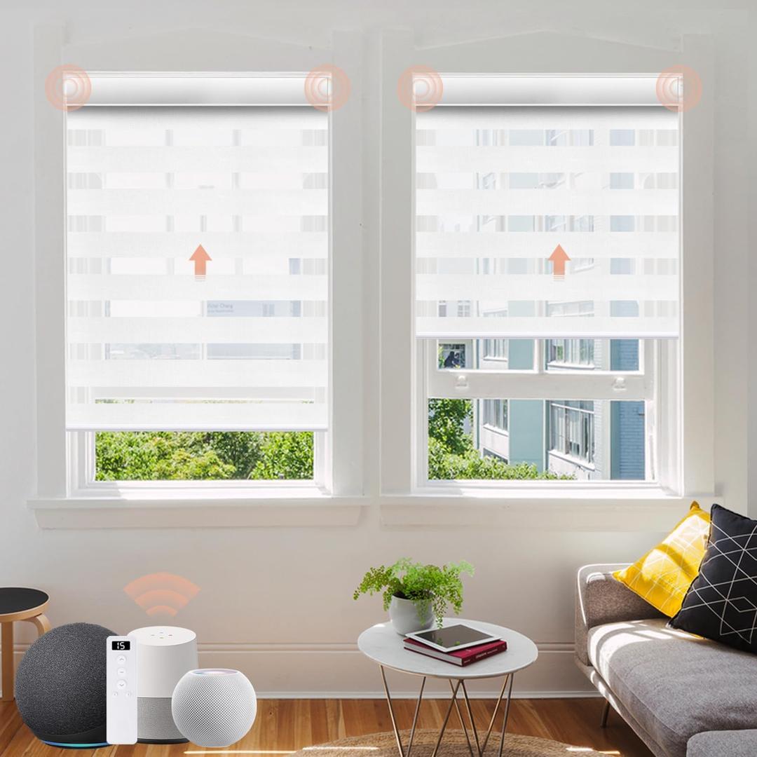 Pack of 1 Motorized Zebra Blinds with Remote: Canisteo Automatic Shades for Indoor Windows Work with HomeKit,Alexa, 90% Blackout Light Filtering Horizontal Blinds, Customized for Home Office, Greyish White
