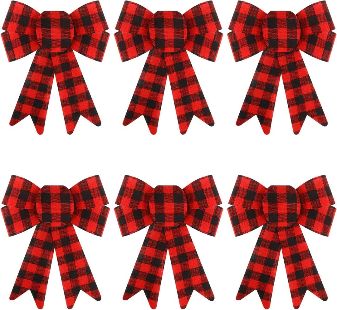 CCINEE 6 PCS Red Buffalo Plaid PVC Christmas Wreath Bows, 8.3" x 11.2" Xmas Plastic Bows Decorations Christmas Tree Ornaments for Home Party Indoor Outdoor Decoration Gift (Red and Black)