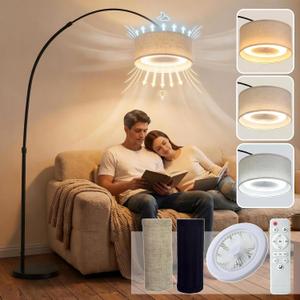 Arc Floor Lamp with Fan Head, Dimmable Floor Lamps with Remote, 3 Color Temperatures Adjustable Standing Lamp, Bright Reading Floor Lamp with Marble Base for Living Room Bedroom