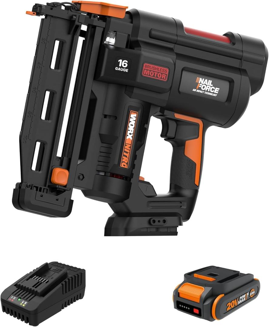 Worx Nitro 20V 16GA Finish Nailer Cordless 70 Nails/Min Sinks Up to 2-1/2", Compact Cordless Nail Gun w/Tool-Free Jam Release, Brushless Nail Gun Battery Powered WX841L  Battery & Charger Included
