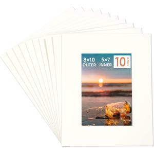 HOTUO 10 Pack Acid Free Ivory Picture Frame Mats, Pre-Cut 8x10 Picture Mats with Ivory Core Bevel Cut for 5x7 Photo, Signature Friendly 4 Ply Thickness Photo Mat for Frames/Artwork/Prints/Pictures (Off-white)