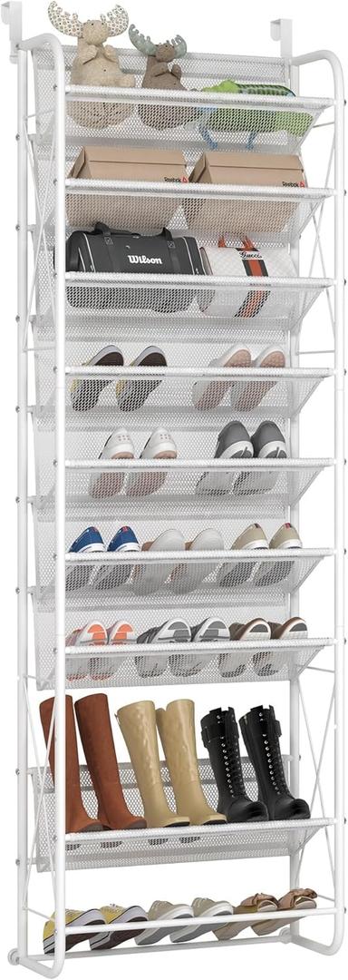 JSB 10 Tier Shoe Rack Mesh Fabric Over The Door Shoe Organizer X-Structure Trouser Hangers Closet Pantry Hanging Shoe Clothes Toys Storage Shelves (Matte White, 10 Tier)
