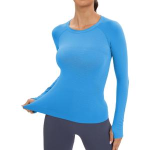 MathCat Workout Seamless Shirts for Women Long-Sleeved Yoga Running Breathable Thumb Holes Tops (Blue, XS)