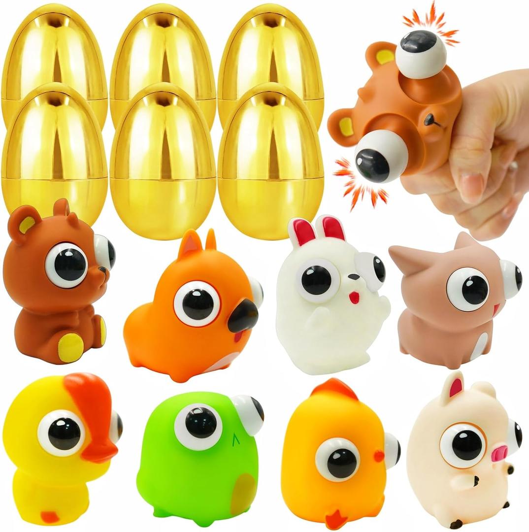 Jumbo 4'' Easter Eggs Filled Eye-pop Fidget Toys, 8 Pack Squeeze Toys for Kids Teens Boys Girls Toddler Easter Basket Stuffers Hunt Party Favor