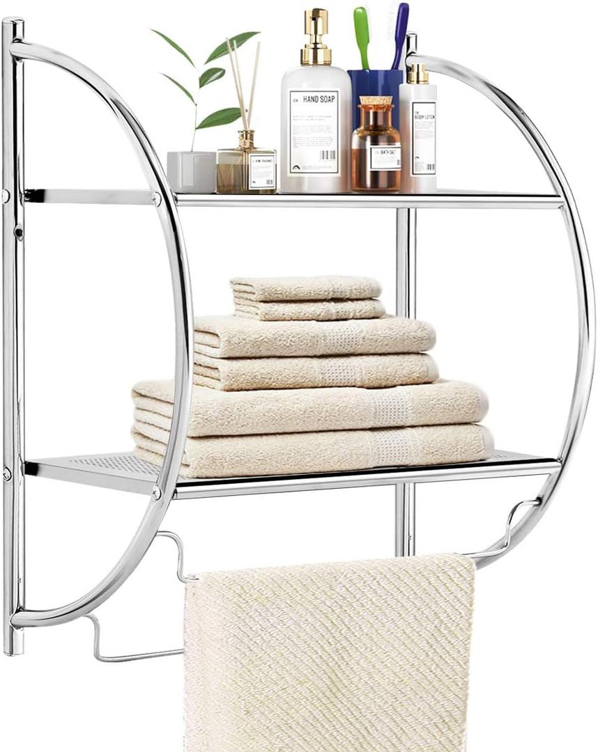 Tangkula Wall Mount 2 Tier Bathroom Shelf with Bars, 18" W X 10" D X 22" H, Home Toilet Double Layer Rustproof Chrome Shelf (Silver)