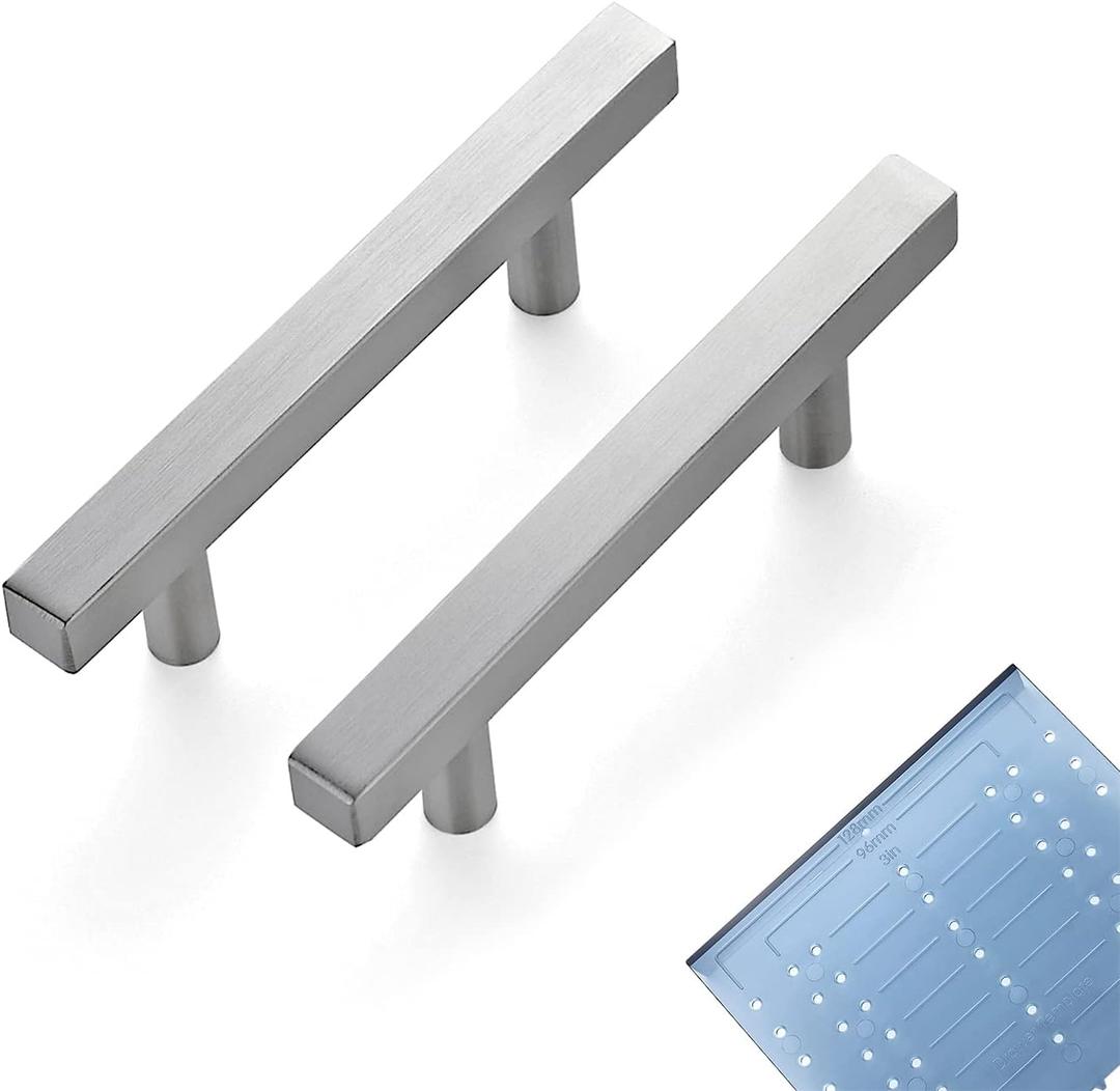 Ravinte 10 Pack 3 Inch Cabinet Pulls Brushed Nickel Sqaure Kitchen Cabinet Handles Silver Cabinet Hardware Stainless Steel Drawer Pulls 5 Inch Overall Length with Mounting Template (3" hole center)