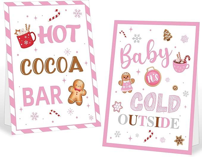 Pack of 2 Pink Hot Cocoa Bar Sign 8x11", Gingerbread Man Hot Chocolate Bar Supplies, Baby Its Cold Outside Baby Shower Decorations, Christmas Table Decorations for Home Office Coffee Station