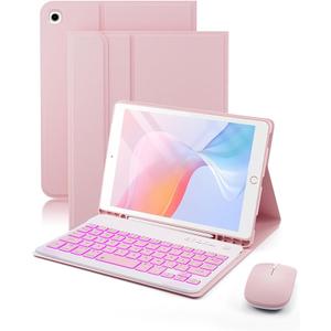 SAMTUNK for iPad mini 5 (2019) & Mini 4 (2015) Case with Keyboard for iPad mini 5th 4th Generation 7.9"  7 Colors Backlit Keyboard Case  Built in Pencil Holder with Mouse  Pink