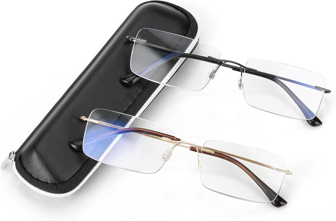 SKYOAK 2 Pack Executive Frameless Progressive Multifocus Reading Glasses for Men, Metal Rimless Blue Light Computer Readers