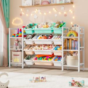 Extra Large Toy Storage - Toy Storage Organizer, Kids Bookshelf and Toy Organizer, 3-Tier Nursery Bookshelf with 12 Bins & Anti-Tip for Playroom Bedroom, White