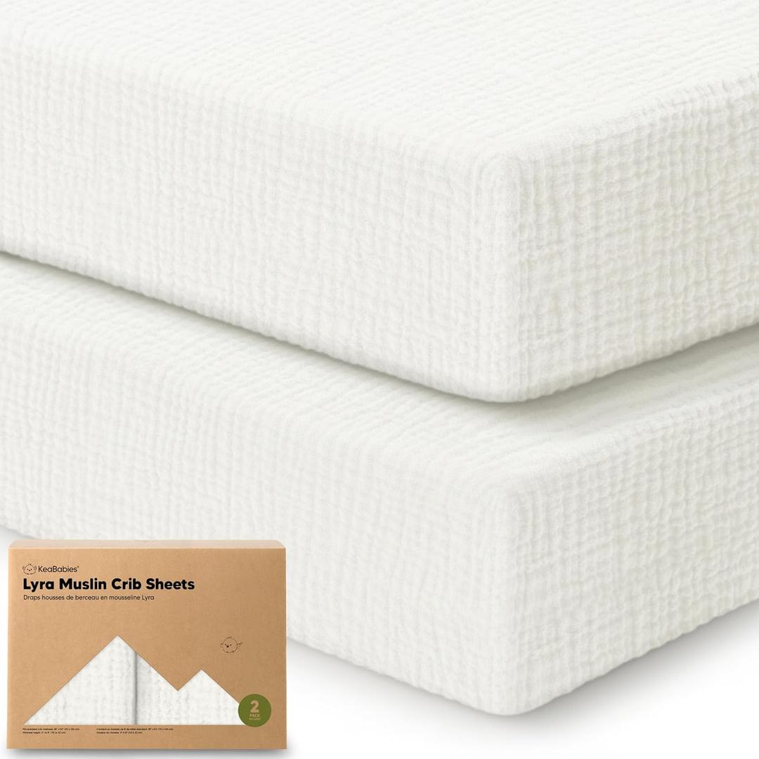 KeaBabies 2-Pack Muslin Crib Sheets for Boys, Girls - 100% Organic Cotton Fitted Baby Crib Mattress Sheet, Soft Breathable Standard Toddler Bed Cover Bedding Set, Neutral, Durable 52x28 (Soft White)