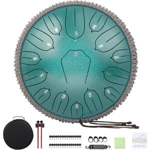 Steel Tongue Drum 12 Inch 15 Notes: Handpan Drums Set with Music Book Mallets Carry Bag - Hand Pan Instrument for Adults Musical Education Meditation Yoga (Green)