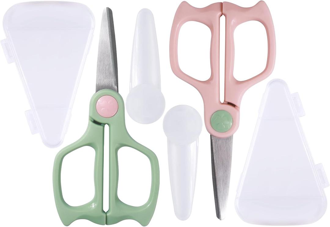 Baby Food Scissors Kicthen Shears -2Pack Portable Healthy Kids Scissors,Bat Stainless Steel Scissors with Storage Travel Case - Ideal for Cutting Meat, Chicken, Vegetables, and Fruits (Pink+Green) (6.2inch)