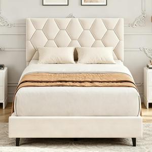 Garvee Twin XL Size Bed Frame, Platform Bed Frame with Upholstered Adjustable Headboard, Mattress Foundation with Strong Wooden Slats Support, No Box Spring Needed, Noise Free, Easy Assembly, Beige
