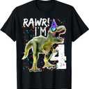 Rawr I'm 4 4th Birthday T Rex Dinosaur Party Gift for Boys T-Shirt, Size S