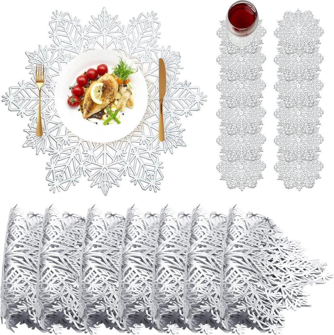 Sieral Snowflake Placemats and Coasters Set Pressed Vinyl 15 Inch Placemats and 4 Inch Coasters for Christmas Winter Wedding Party Dinner Table Decoration(Silver,24 Sets)