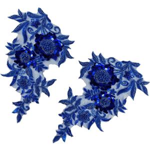 1 Pair Flower Rhinestone Applique for Wedding Bridal Dress, Embroidery Sequin Patches for Clothes, Beaded Lace Applique for Bodice Hat Sewing Craft for Women Embellishment (Royal Blue)