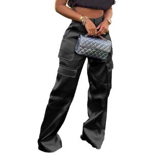 Lucuna Women's Satin Cargo Pants Y2K High Waisted Multi-Pocket Straight Leg Baggy Casual Trousers (Large, 1-black)