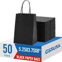 GSSUSA 5.25x3.75x8 50Pcs Black Gift Bags with Handles,Small Gift Bags Craft Bags for Small Business, Black Goodie Bag,Sturdy Kraft Paper Bag, Retail Shopping